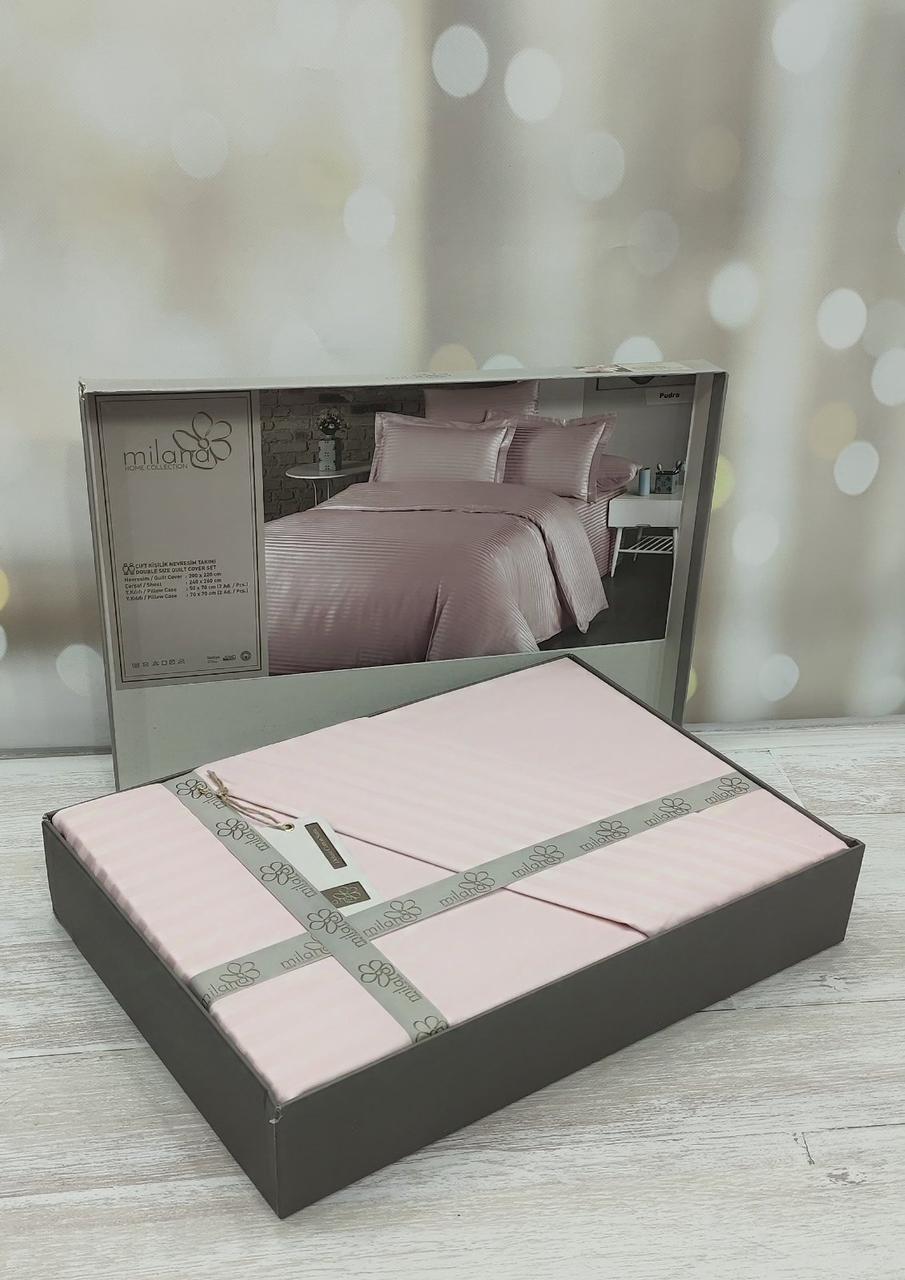 Набір постільної білизни сатин страйп євро розмір 200 на 220 см Milana De Luxe пудровий, фото 1