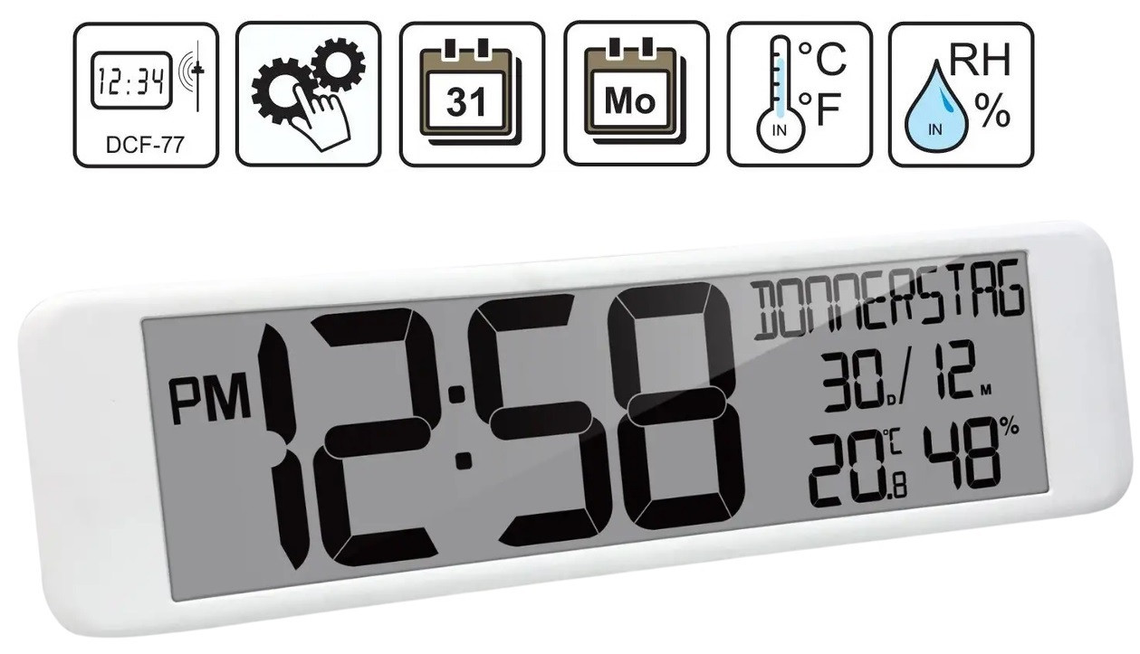 Настінний електронний годинник Technoline WS8120 White | Стильний дизайн, Великий дисплей, Календар, Термометр, Гігрометр