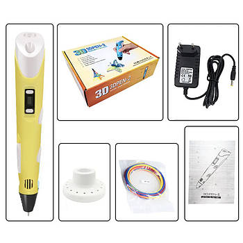 Ручка 3D-дисплеєм і трафаретами 3DPEN-3 RD-157 з набором різнобарвного екопластику Жовтий