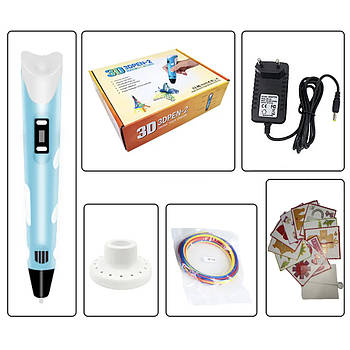 Ручка 3D-дисплеєм і трафаретами 3DPEN-3 RD-157 з набором різнобарвного екопластику Блакитний