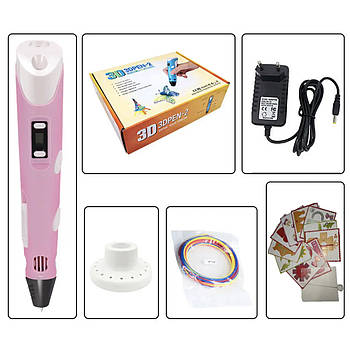 Ручка 3D-дисплеєм і трафаретами 3DPEN-3 RD-157 з набором різнобарвного екопластику Рожевий