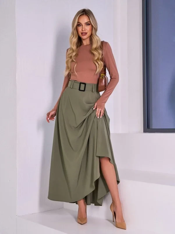 Спідниця кльош максі довжини кольору хакі, фото 1
