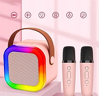 Міні-дитяче караоке K12 з LED-підсвічуванням та двома бездротовими мікрофонами Рожевий