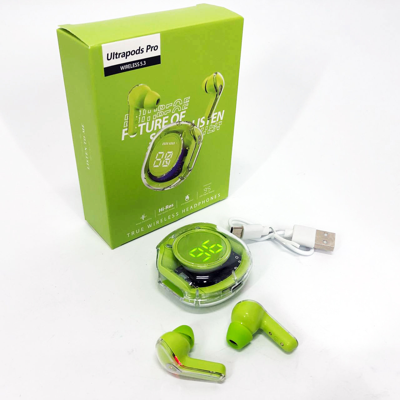 Бездротові навушники TWS T8 PRO з прозорим кейсом Вакуумний LED дисплей Bluetooth 5.3. MD-260 Колір: зелений