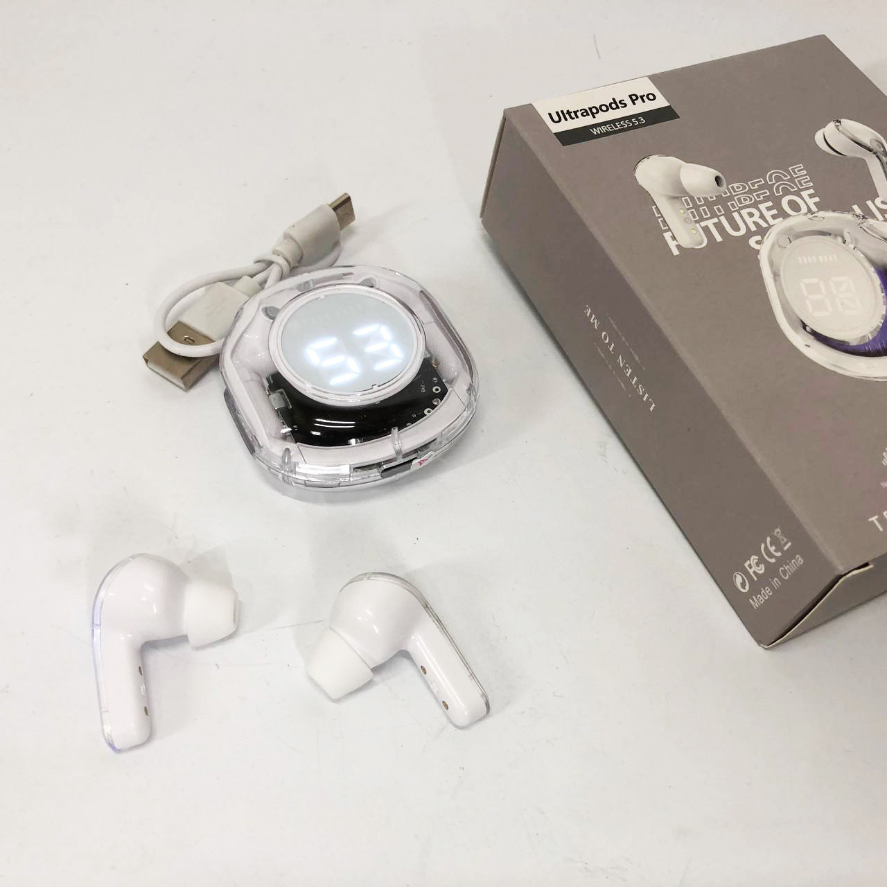 Бездротові навушники TWS T8 PRO з прозорим кейсом Вакуумний LED дисплей Bluetooth 5.3. MN-707 Колір: білий