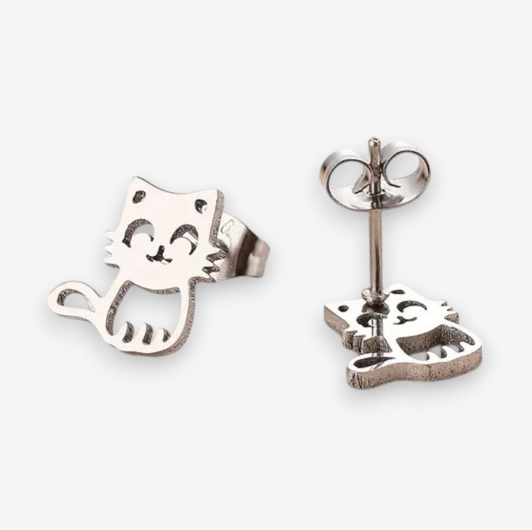 Сережки-гвоздики пусети у вигляді кота з титанової сталі, сріблясті, гіпоалергенні, 1 см, фото 1