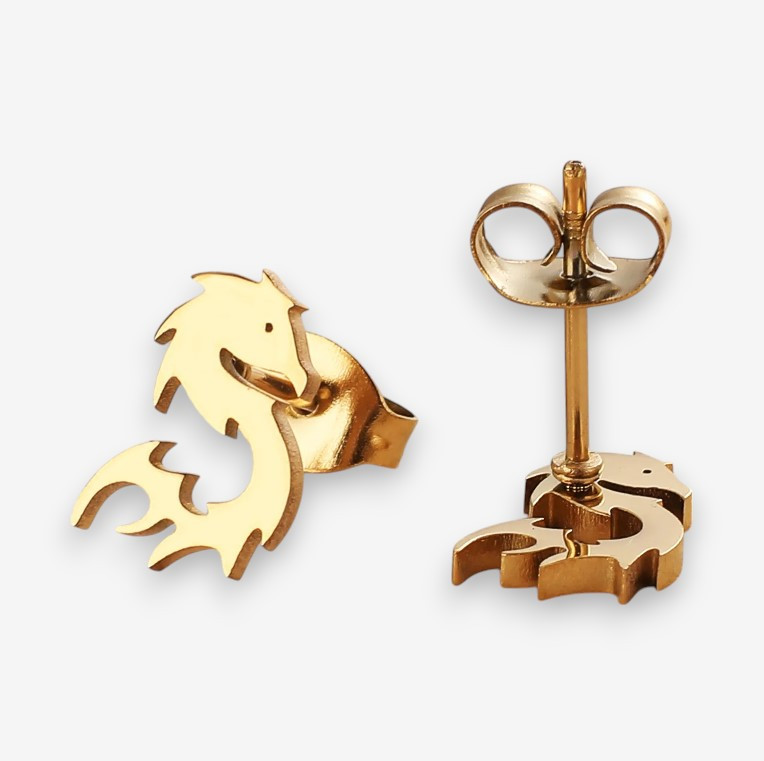 Сережки-гвоздики пусети у вигляді силуету дракона з титанової сталі золотисті гіпоалергенні 1 см, фото 1