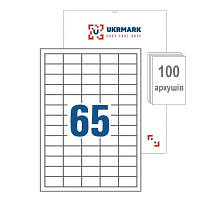 Популярний! Етикетка самоклеюча UKRMARK A4-65-W1, А4, 65 на листі, 38.1мм х 21.2мм, 100 аркушів (900625) - Краща якість тільки на