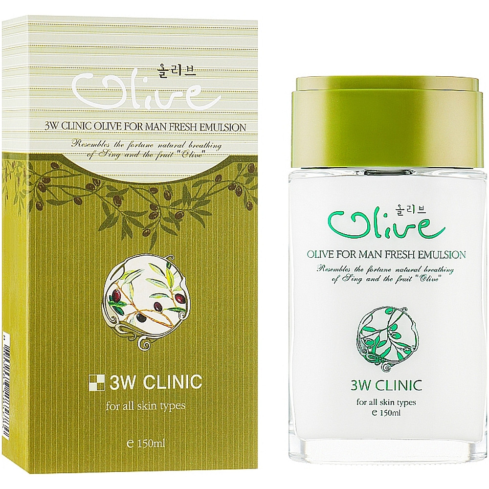 Чоловіча зволожуюча емульсія для обличчя з оливою 3W Clinic Olive For Man Fresh Emulsion 150 мл, фото 1