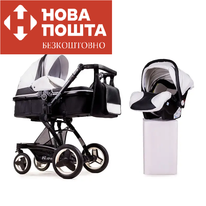 Коляска трансформер 3 в 1 Ninos Bono BLACK/WHITE ЭКО на чорній рамі (NB3V12020BBW), фото 1