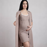 Комплект для вагітних і годуючих мам з мереживом халат+нічна сорочка бежевий р.44-60