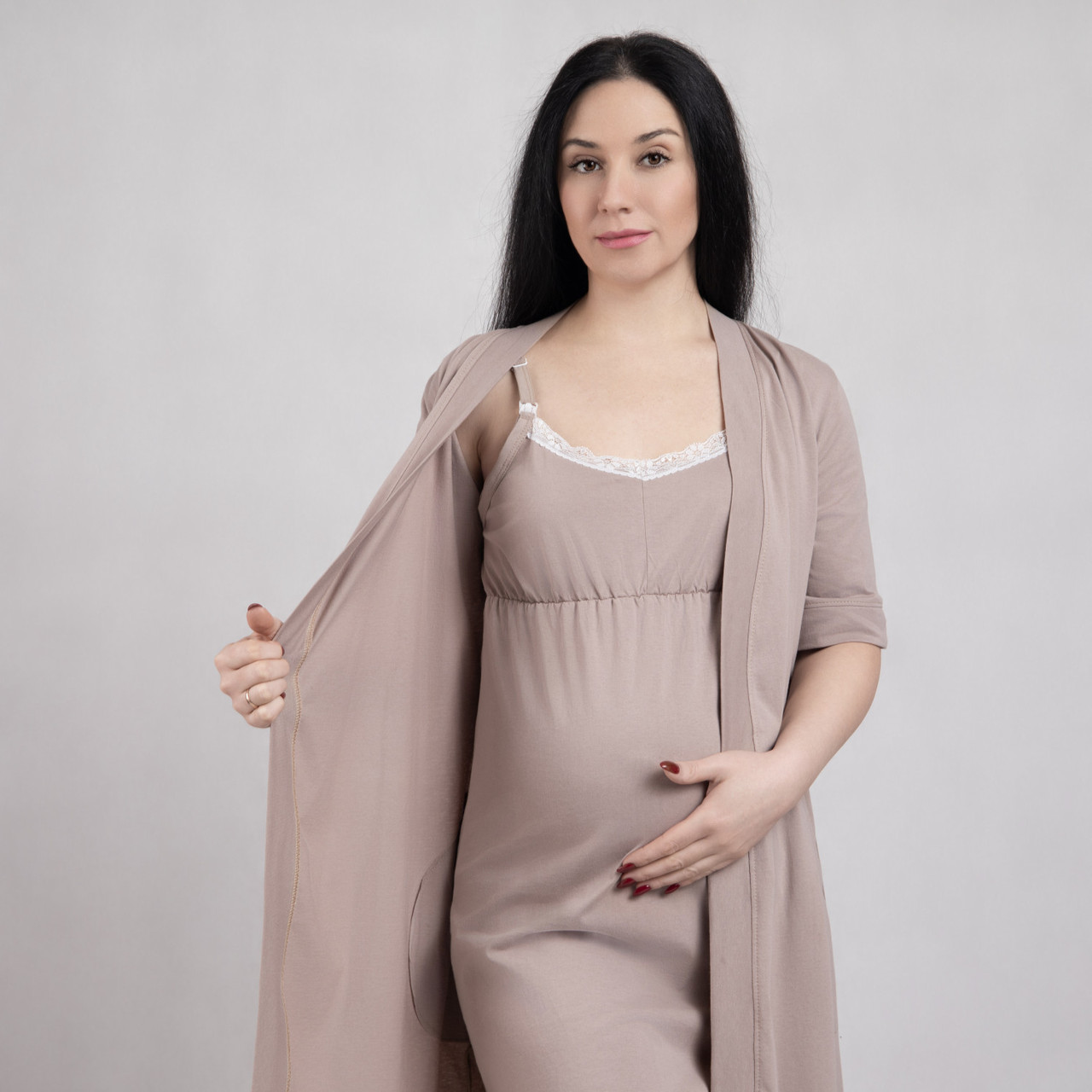 Комплект для вагітних і годуючих мам з мереживом халат+нічна сорочка бежевий р.44-60