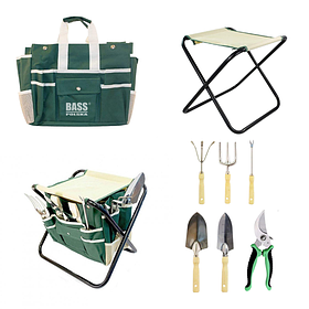 Розкладний табурет із сумкою-органайзером та набором садового інструменту для дачі