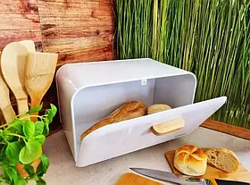 Хлібниця емальована Chomik NEL5071 з відкидними дверцятами та бамбуковими ніжками, біла