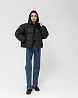 Жіноча стьобана коротка куртка чорна оверсайз до -5°С без капюшона з утеплювачем весняна осіння, фото 4