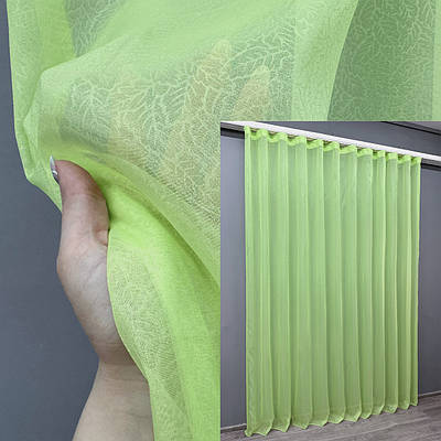 Тюль органза з принтом "Листя". Колір салатовий. Код 003т