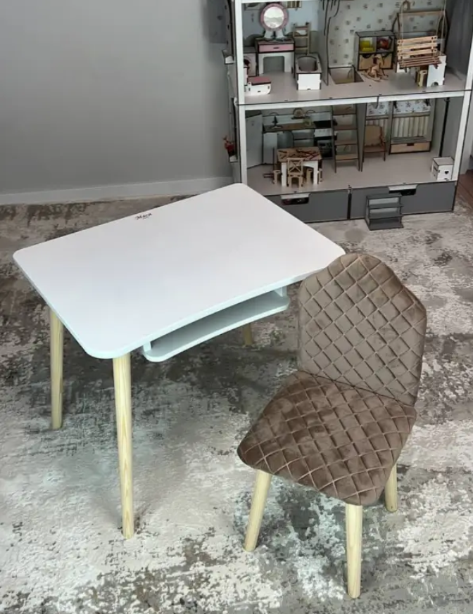 Дитячий білий стіл і стілець м'який велюр. Для дітей 1 групи зросту (100-115см), фото 1