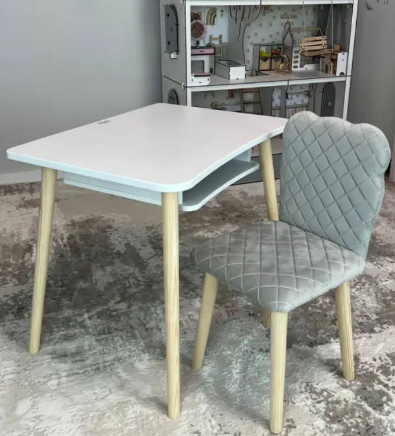Дитячий білий стіл і стілець м'який сірий мішка велюр. Для дітей 1 групи зросту (100-115см), фото 1