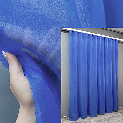 Тюль органза з принтом "Листя". Колір синій. Код 005т