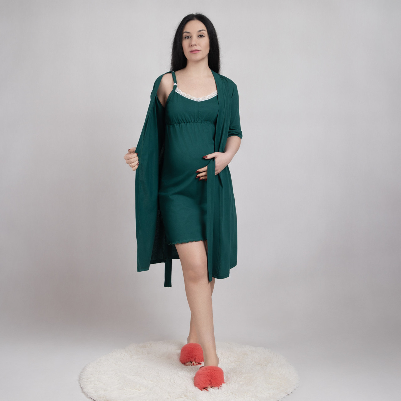 Комплект для вагітних і годуючих мам з мереживом халат+нічна сорочка смарагд р.44-60