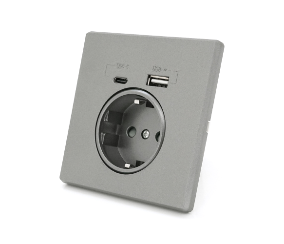 Розетка врізна із заземленням, Input: AC:110-250V/16A, Type-C/USB-виходи, Gray