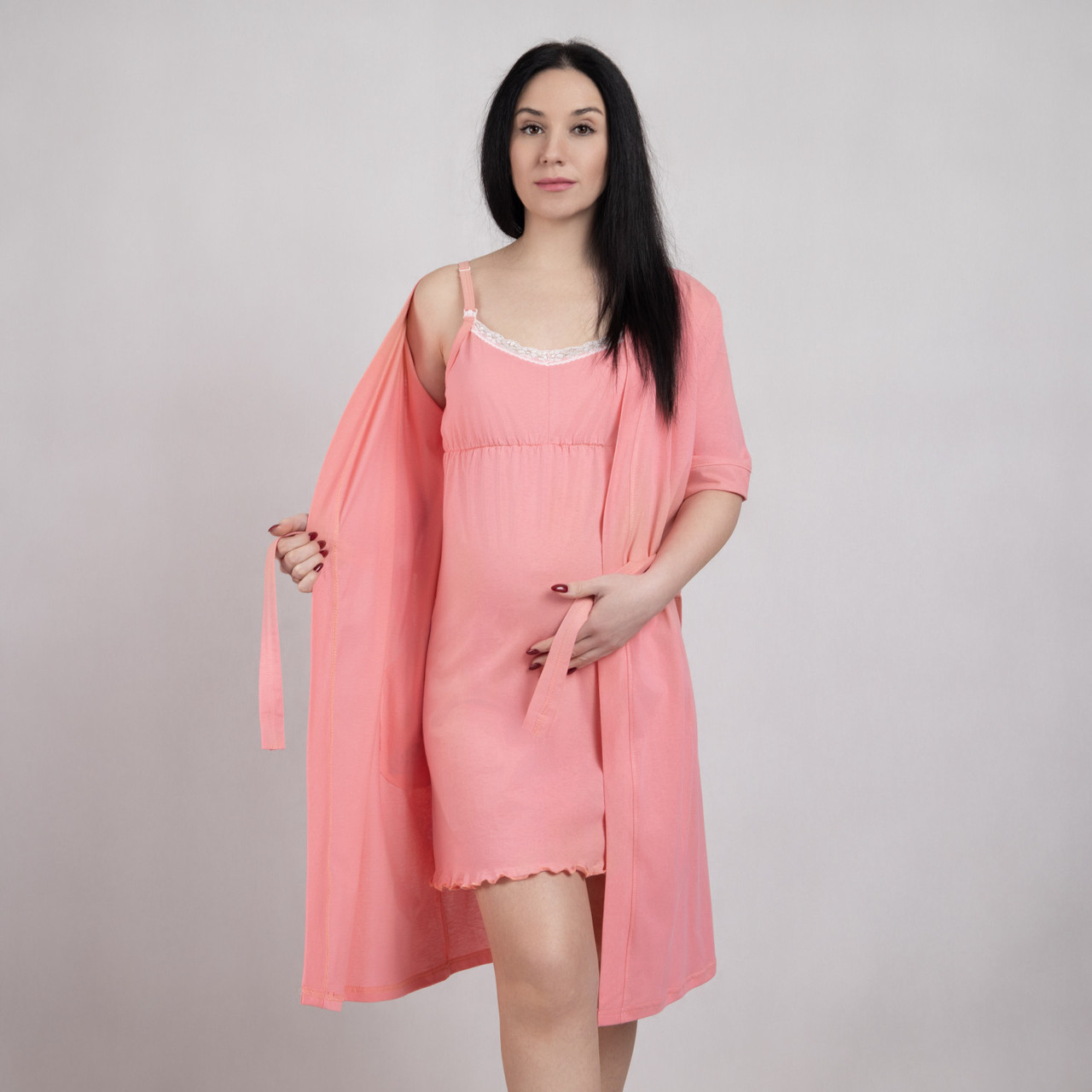 Комплект для вагітних і годуючих мам з мереживом халат+нічна сорочка персиковий р.44-60