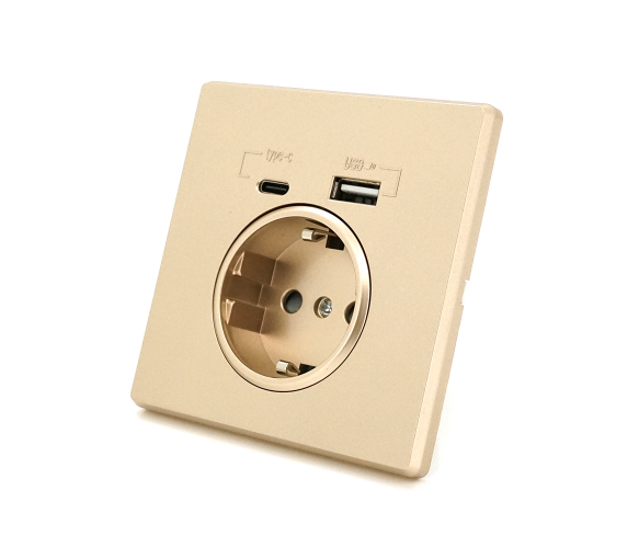 Розетка врізна із заземленням, Input: AC:110-250V/16A, Type-C/USB-виходи, Gold