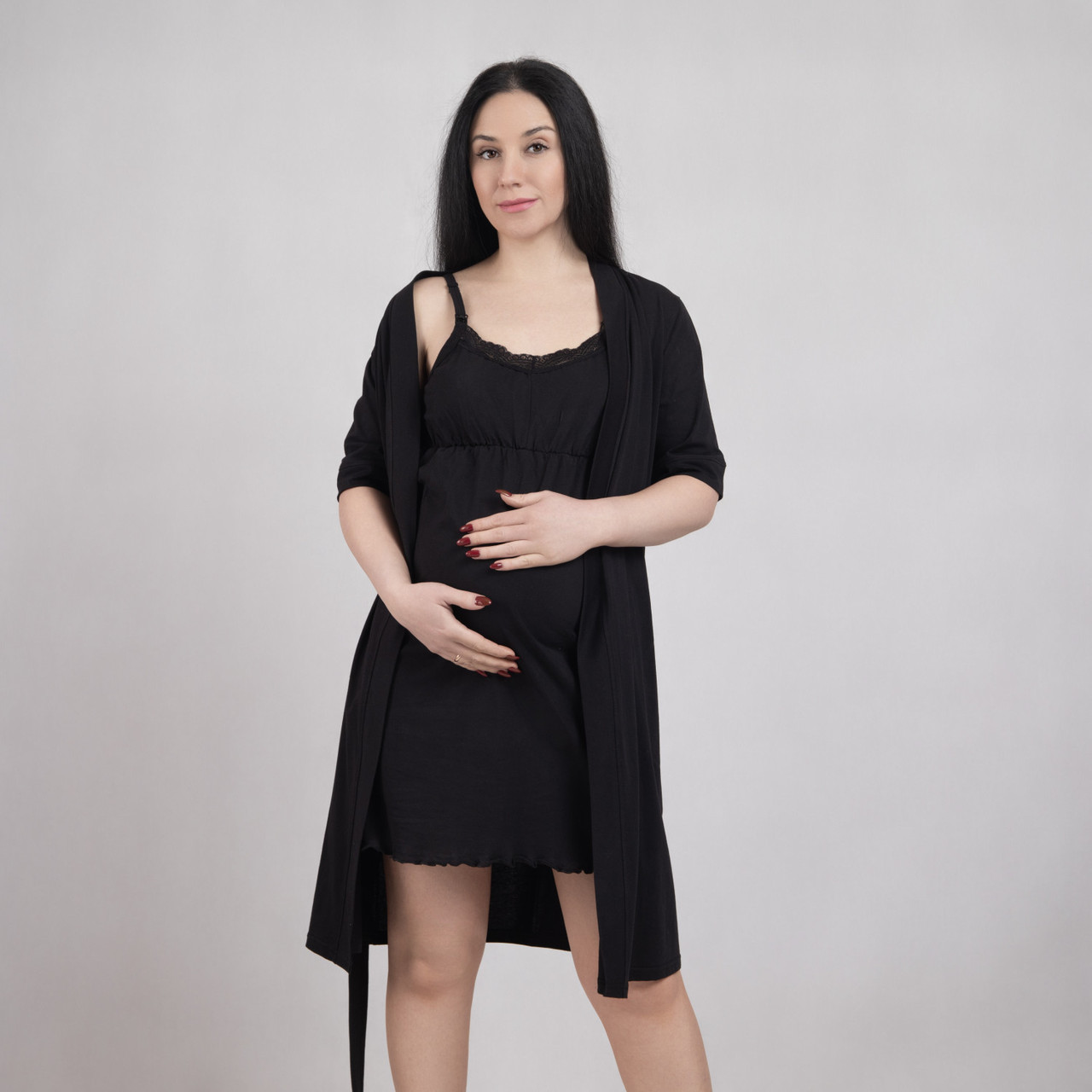 Комплект для вагітних і годуючих мам з мереживом халат+нічна сорочка чорний р.44-60