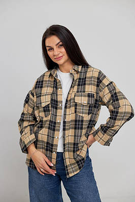 Жіноча сорочка в клітинку беж+чорний No 537 ( р: S/M; L/XL)