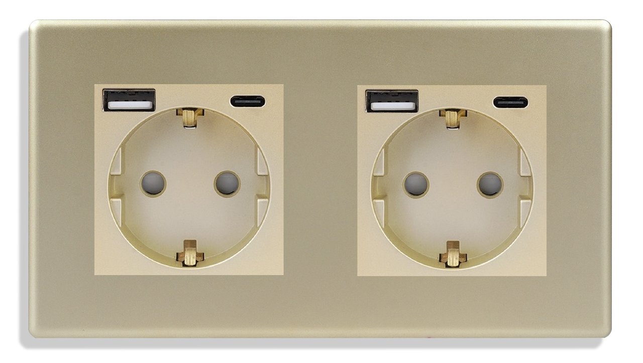 Подвійна розетка з USB + Type-C 1DAL | Золото 2 гнізда (P157-STU2X2.GD)