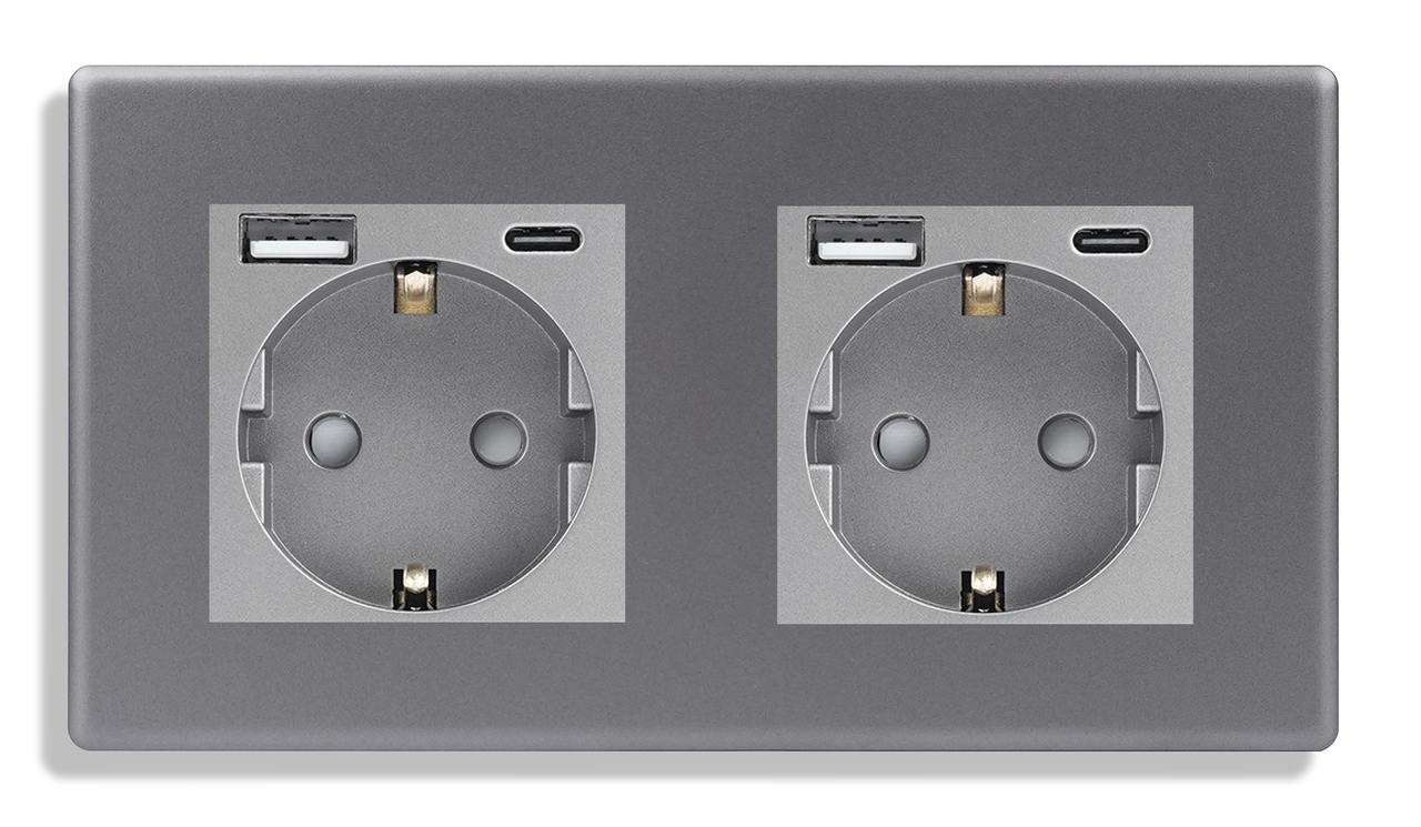 Подвійна розетка з USB + Type-C 1DAL | Сірий 2 гнізда (P157-STUTCX2.GR)