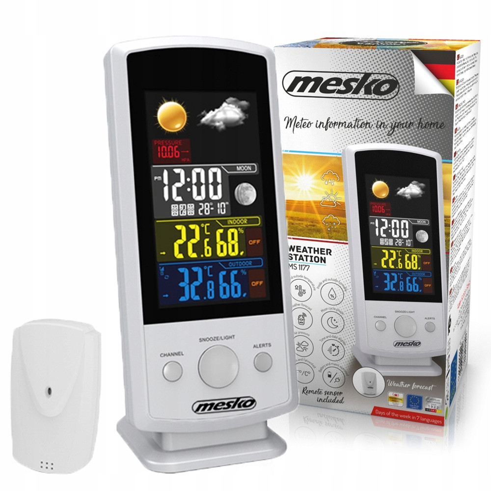 Метеостанція Mesko MS 1177 — Кольоровий екран, Внутрішня та зовнішня температура та вологість, Прогноз погоди, Будильник