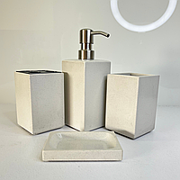 Набір аксесуарів для ванної кімнати з каменю білого кольору на 4 предмети дозатор, мильниця, стакан