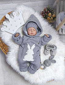 Дитячий в'язаний чоловічок для новонародженного з капюшоном та шапочкою