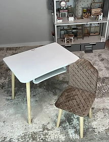 Дитячий білий стіл і стілець м'який коричневий велюр. Для дітей 1 групи зросту (100-115см)