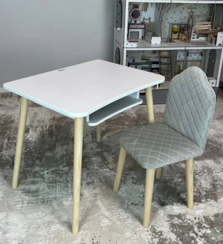Дитячий білий стіл і стілець м'який сірий велюр. Для дітей 2 групи зросту (115-130см)