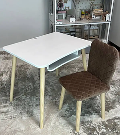 Дитячий білий стіл і стілець м'який коричневий мішка велюр. Для дітей 2 групи зросту (115-130см)