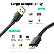 Кабель для камери жорсткого диска телефона Micro USB 3.0 на USB-A 3.0 UGREEN US130 1м (чорний), фото 4