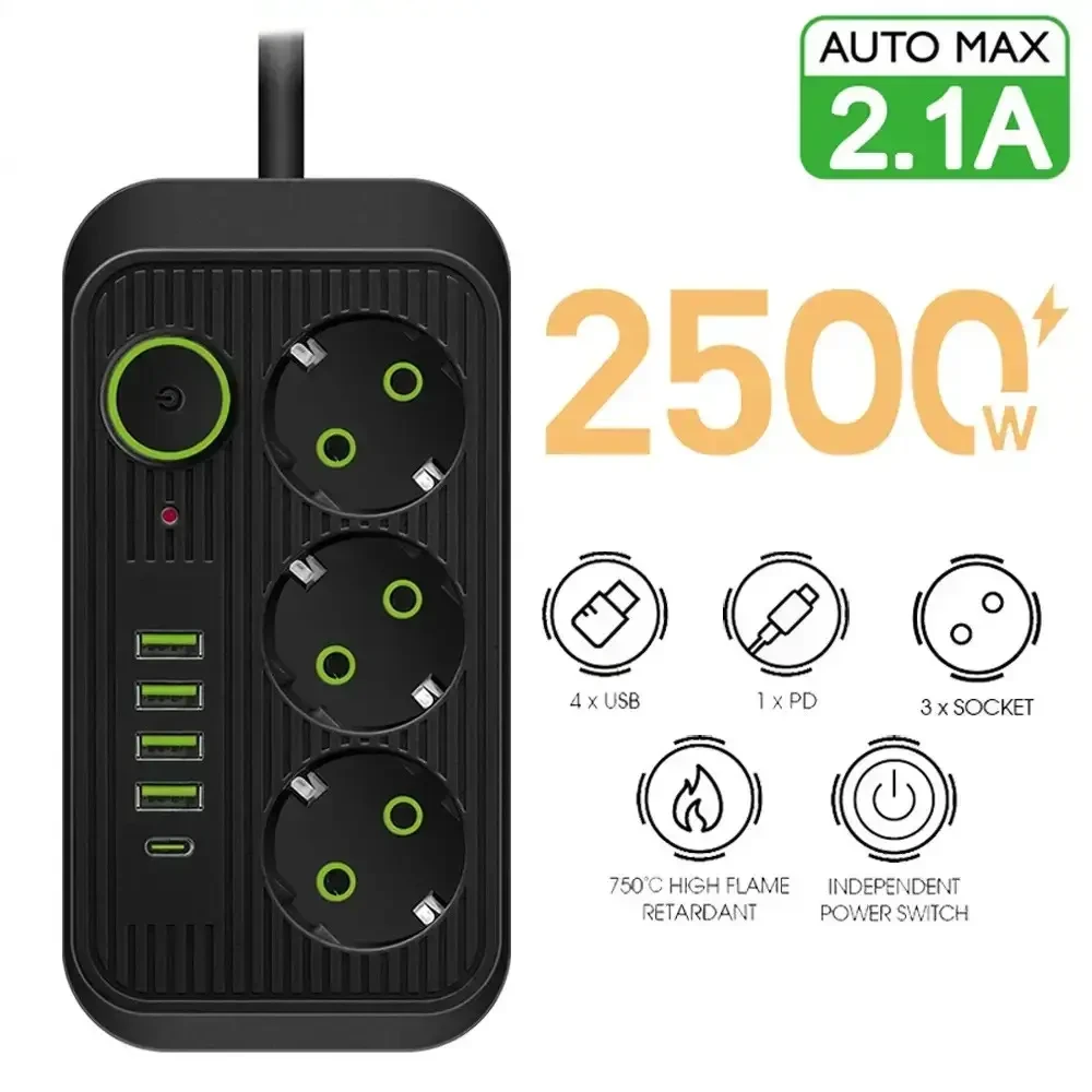 Мережевий фільтр живлення UA Power Socket F09U на 4 метри 3 розетки +4 USB + Type-C Port, мережевий подовжувач розеток