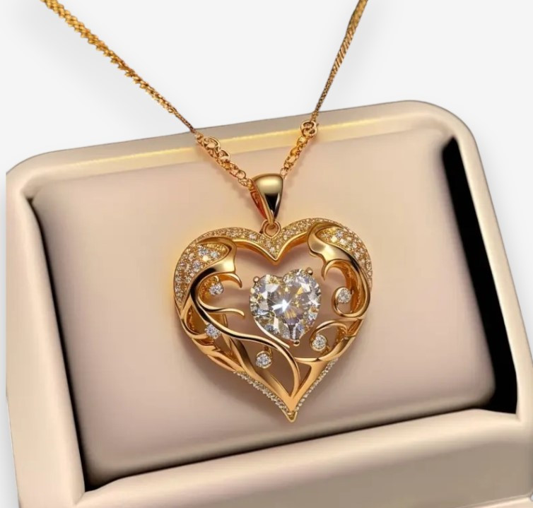 Підвіска з ланцюжком у формі серця з білим фіанітом, золотиста, 2.1 см, 45+5 см, фото 1