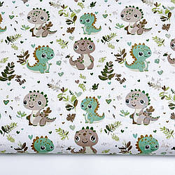 Бязь "Зелені, коричневі динозаврики та сердечка", №5461