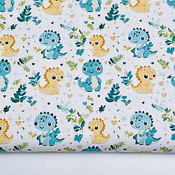 Бязь "Бірюзові, жовті динозаврики та сердечка", №5460