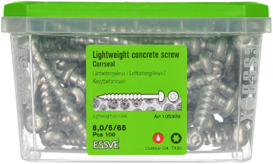 Шуруп ESSVE CORRSEAL для легкого бетона, 8*65 полукругл.TX30 (100 шт/уп)
