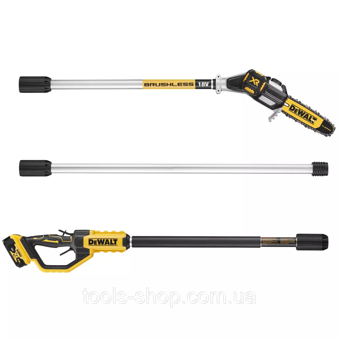 Професійний висоторіз акумуляторний безщітковий зі штангою DeWALT DCMPS567N : без АКБ, шина 20см, штанга