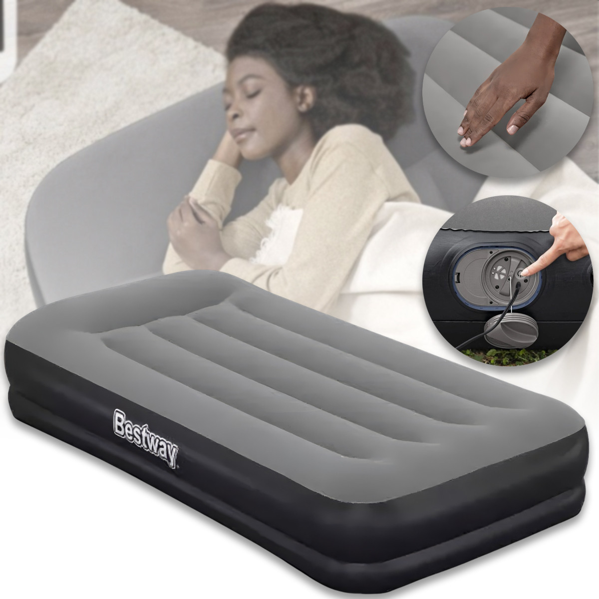 Надувний велюровий матрац-ліжко 191х97х36 см з вбудованим насосом USB Bestway 671BT