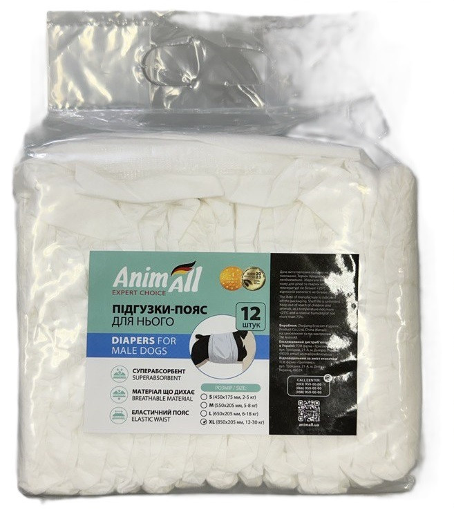 Пояс для псів AnimAll XL (талія 64-82 см, вага 12-30 кг) - одноразові підгузки, 12 шт, фото 1