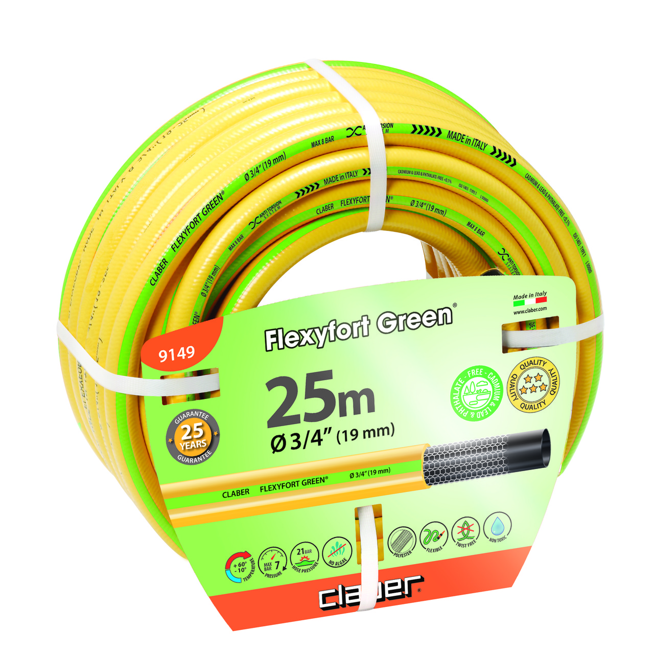 Claber Шланг поливальний 3/4" 25м Flexyfort Green, жовтий з зел. полосою
