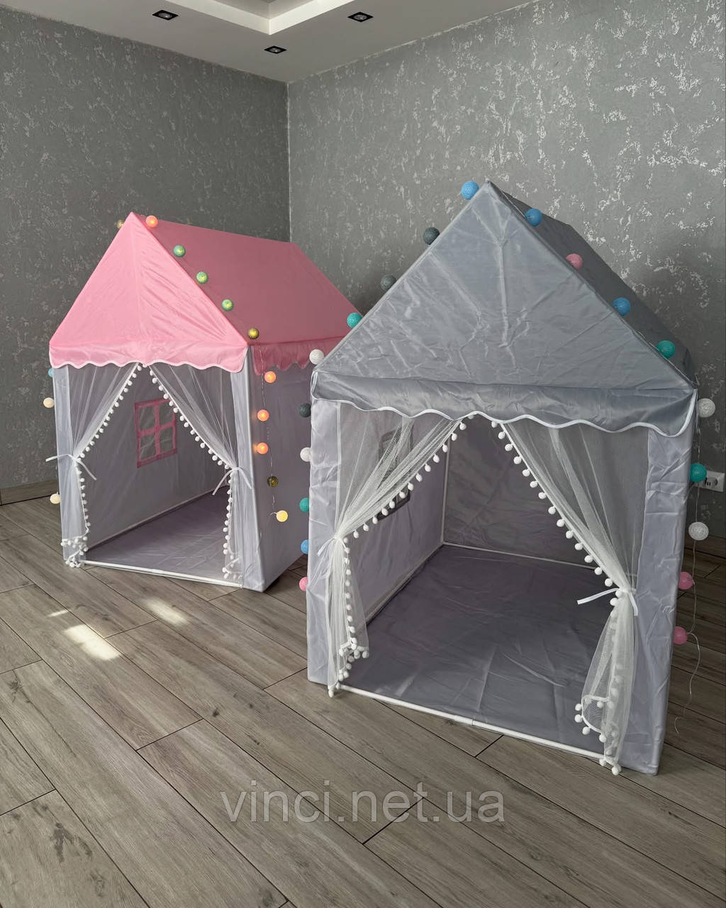 Дитяча палатка з ліхтариками BAL13 СІРА і СІРО-РОЖЕВА Намет дитячий з підсвічуванням Дитячий будиночок Вігвам, фото 1