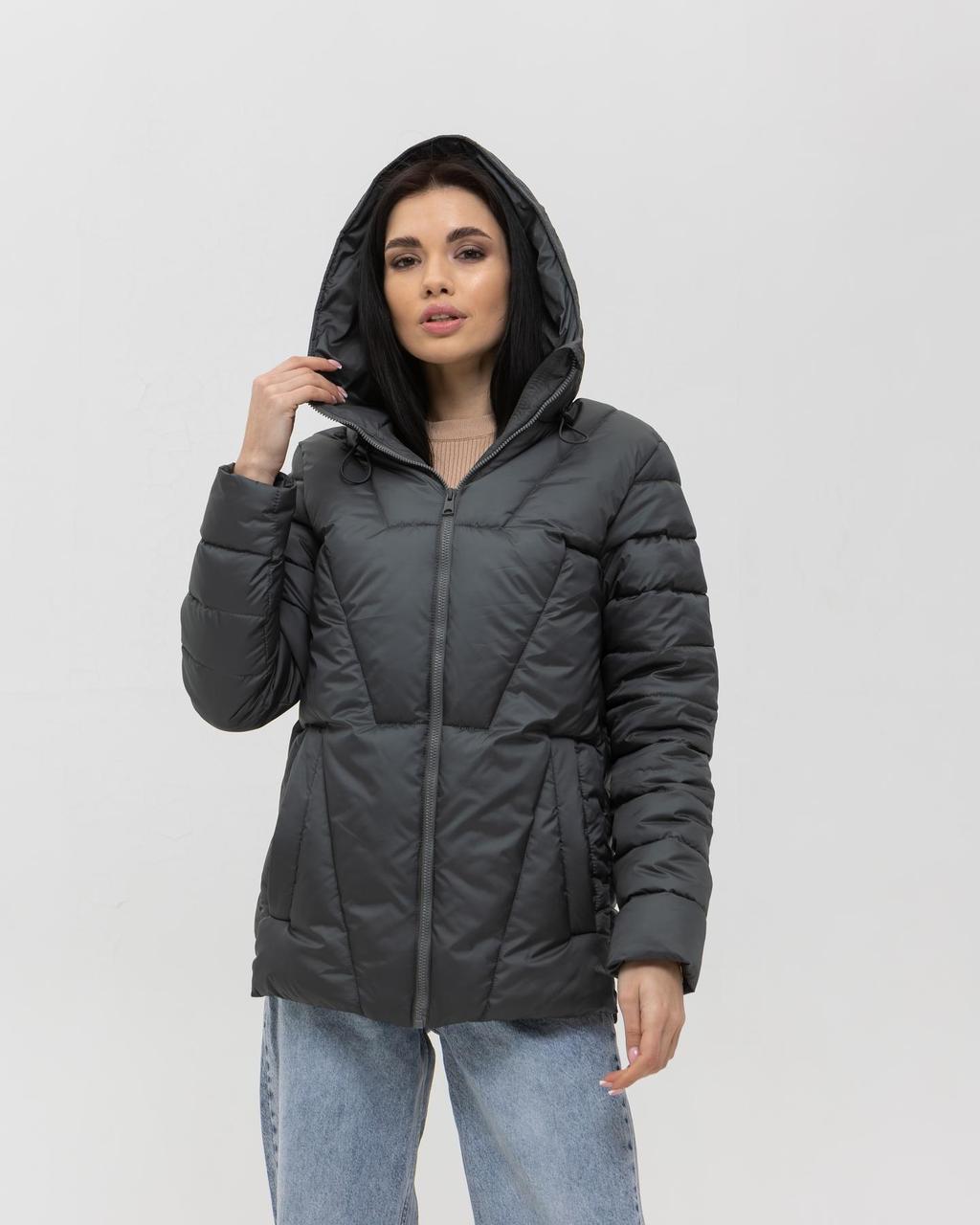 Жіноча стьобана куртка графітова до -5°С з капюшоном з утеплювачем весняна осіння, фото 1