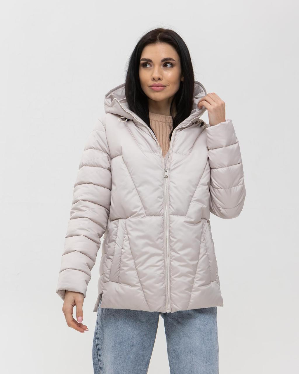 Жіноча стьобана куртка молочна до -5°С з капюшоном з утеплювачем весняна осіння, фото 1